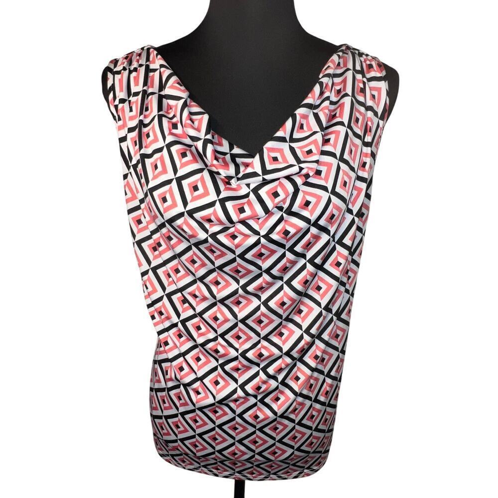 GNW womens size L cascading pleated black white pink geometric sleeveless blouse